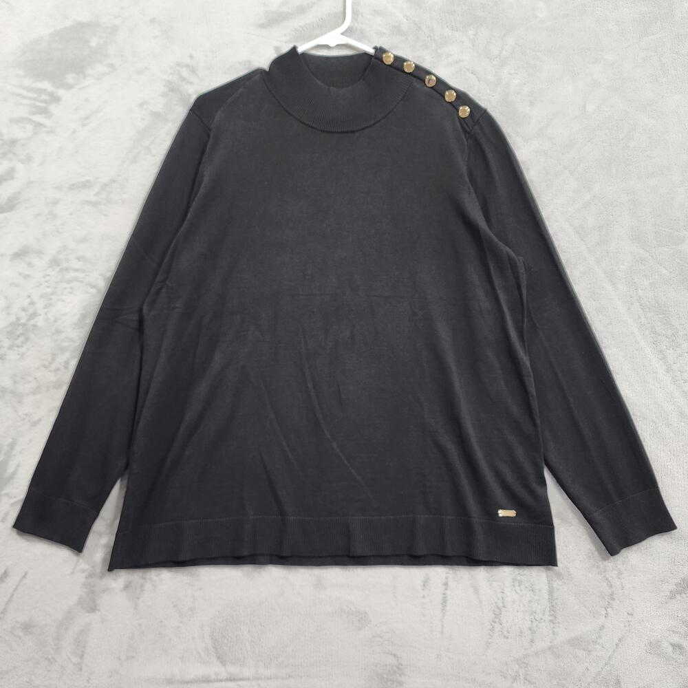 Calvin Klein Sweater Womens XL Black Mock Neck Button Shoulder Logo Pullover